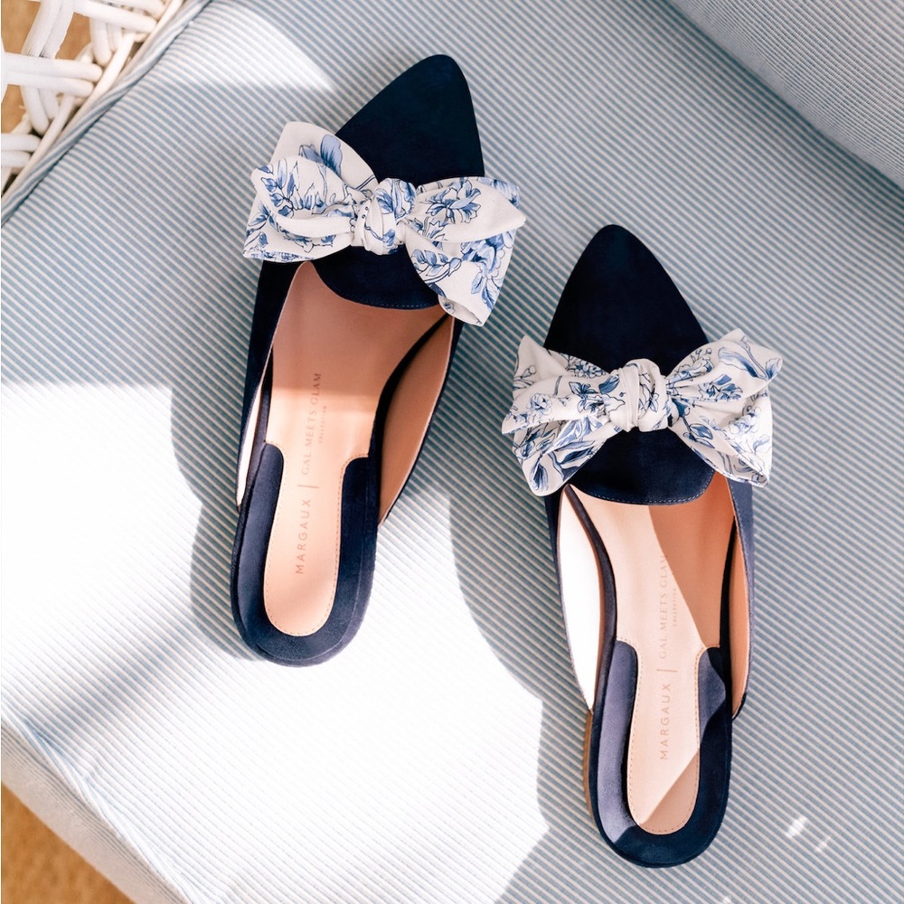 Margaux x Gal Meets Glam Navy Suede & Floral Mule with Decorative Bow
